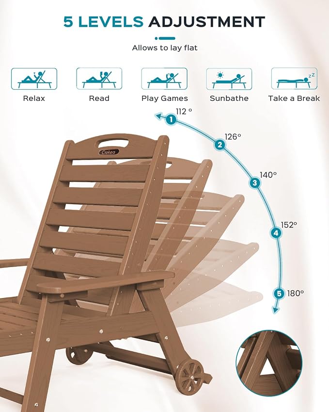 Ciokea Lounge Chair Outdoor, Oversized Chaise Lounge Chair with 5 Positions, HDPE, Patio Lounge Chair with Wheels & Cup Holder for Pool, Deck, Poolside, Teak CIOKEA