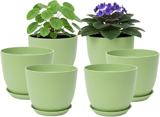 Plant Pots 8 Inch Set of 6, Flower Pots with Drainage Holes and Saucer, Plastic Garden Planters for Indoor & Outdoor Plants (Green) Vanslogreen