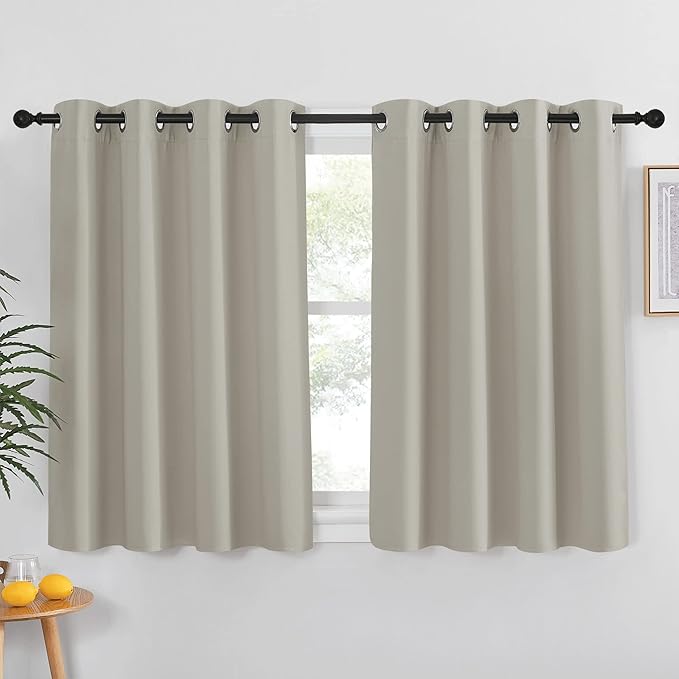 NICETOWN Blackout Kitchen Curtains 45 inch Length - Grommet Thermal Insulated Solid Vertical Drapes Room Darkening Sound Reducing for Bedroom, Natural, 1 Panel, W52 x L45 NICETOWN