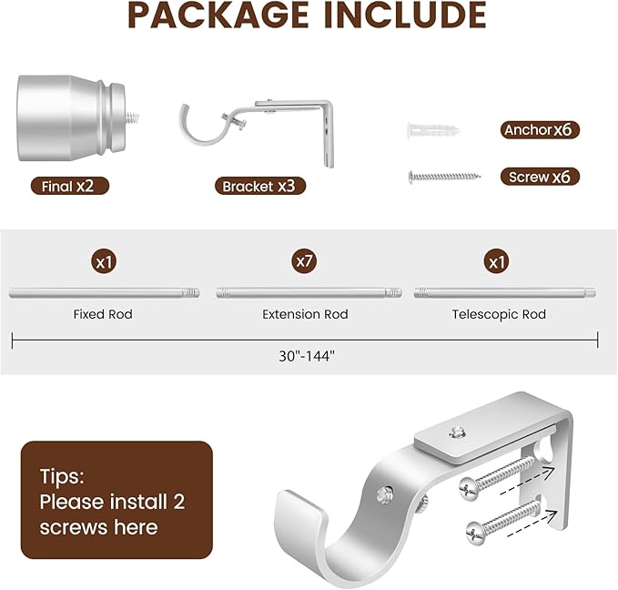 1” Diameter Curtain Rods Itself is 30 to144 inch 1 Pack Fit 30-142 inch, 66 to 120 inch Window with Heavy Duty Adjustable Rod Curtain Splicing Silver Extra Long Curtain Rod for Windows Rootora