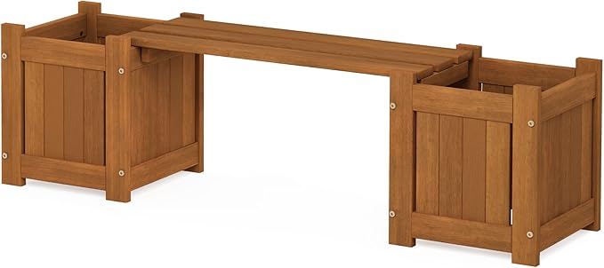 Furinno Tioman Hardwood Mini Outdoor Planter Box with Bench for Garden Plant Furinno-FitsYourSpaceFitsYourBudget