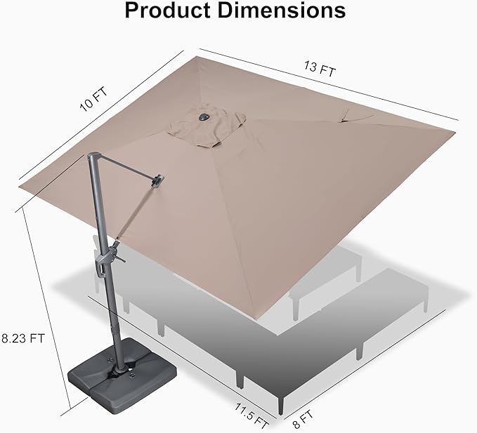 PURPLE LEAF Patio Umbrella 10' X 13' Rectangle Cantilever Umbrella Large Aluminum Outdoor Umbrellas with 360-degree Rotation & UPF40+ Premium Fabric for Deck Pool Garden Yard, Sand Dune Rootora