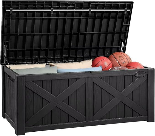 YITAHOME 150 Gallon Large Deck Box with X-Shaped Front, Resin Outdoor Storage Boxes, Waterproof Cushion Storage Bench for Patio, Pool Supplies, Garden Tools - Lockable, Black YITAHOME
