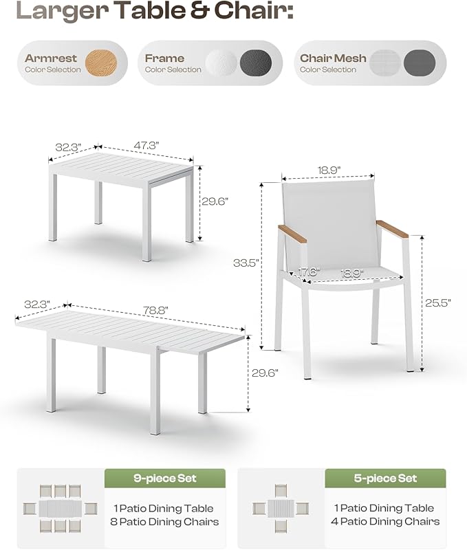 Outdoor Aluminum Patio Dining Table Set for 6-8 Person, Expandable Outdoor Table and 8 Chairs with Textilene Fabric & HDPS Armrest, All-Weather Patio Furniture Set for Yard, Garden, White Oasbira