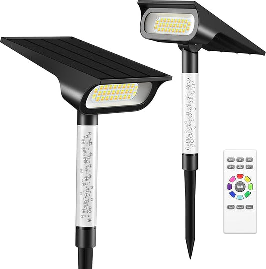 intelamp Solar Spot Lights Outdoor Waterproof, 4000mAh RGB LED Landscape Lights Warm White 3 Lighting Colors, IP65 Waterproof for Yard Driveway Tree Flag Garden Patio Outside Decor with Remote IntelampSolarLightingArtist