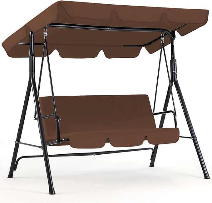 AECOJOY Porch Swing with Stand. 3-Seat Outdoor Clearance Porch Swings for Adults, Outdoor Patio Swing with Adjustable Canopy & Removable Cushion for Backyard, Garden, Yard, Poolside, Balcony (Brown) AECOJOY