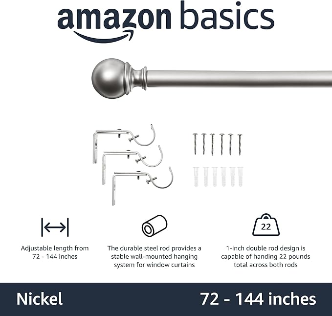 Amazon Basics Easy Installation Adjustable Curtain Rod for Windows with Round Finials, 1-Inch Rod, 72" to 144", Nickel, 2-Pack AmazonBasics