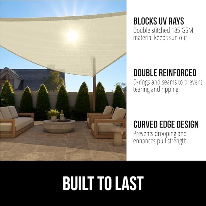 GORILLA GRIP Heavy Duty Sun Shade, UV Protection Fade Tear and Rust Resistant Triangle Sunshade Canopy, Curved Edges Blocks Sunlight, Breathable Sail, Outdoor Patio, Lawn Garden Butter Cream GorillaGrip