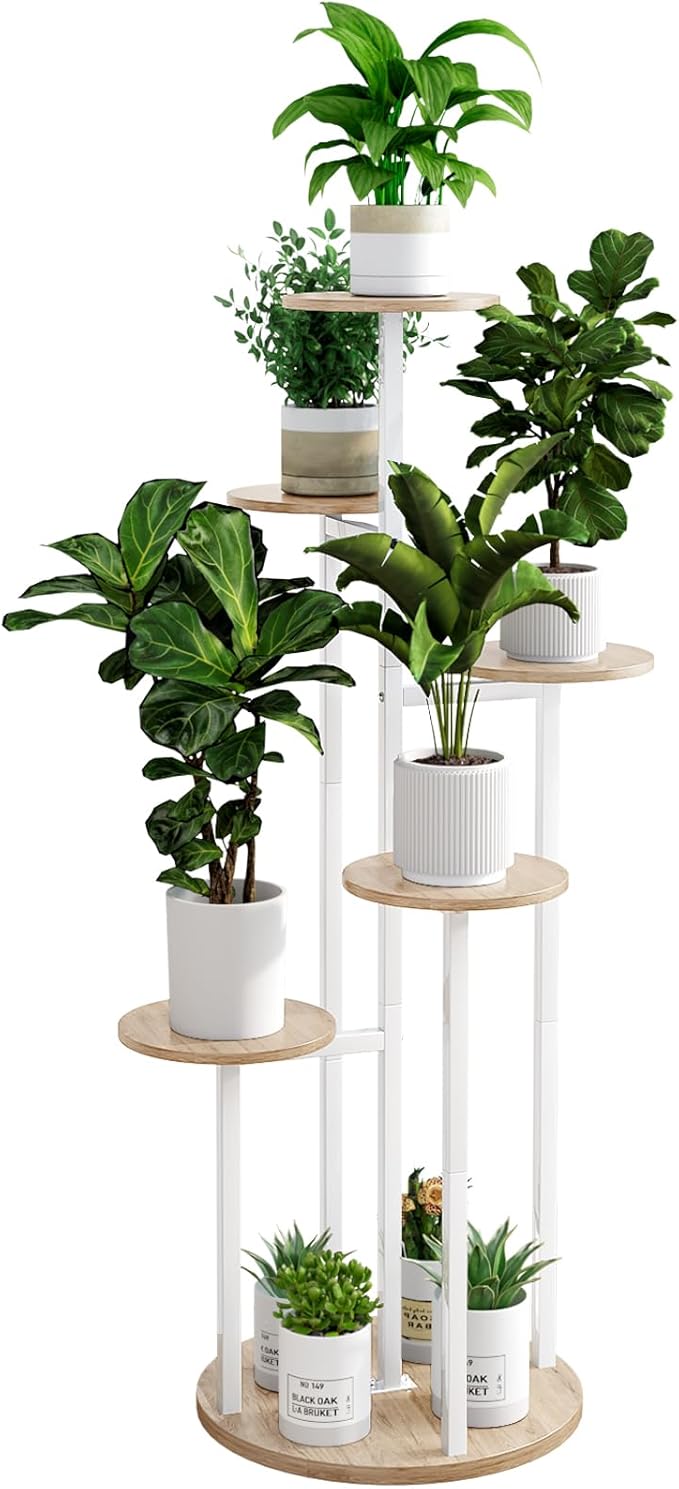 Plant Stand Indoor 6 Tier 9 Potted Multiple Flower Pot Holder for Patio Garden Balcony Living Room Corner (6 Tier White+Sonoma Oak) INGIORDAR