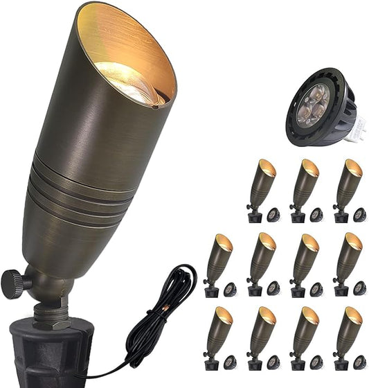 COLOER Brass Landscape Spotlights, 12 Pack Landscape Light Fixture with 5W Aluminum Housing MR16 LED Bulb 2700K 450LM, 12V AC/DC Low Voltage Outdoor Spot Lighting, Uplight for Garden and Patio(102B) COLOER