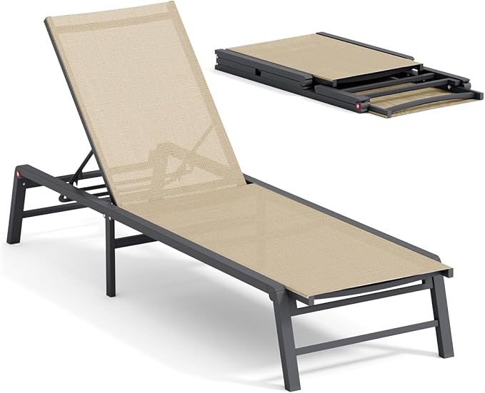 Chaise Lounge Chair Outdoor Aluminum Patio Lounge Chair with 5 Adjustable Positions Folding Pool Lounge Chairs Assemble-Free Beach Lounge Chair for Patio, Pool, Indoor and Outdoor Flaxen Rootora