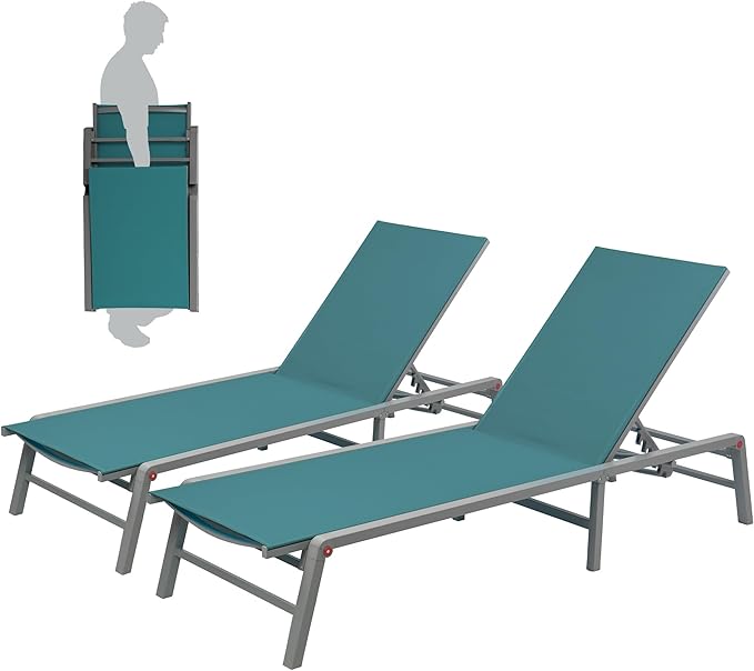 Kozyard 2-Pack Outdoor Lounge Chairs, Foldable Aluminum Frame Patio Chaise Lounge with 5-Position Adjustable Backrest, No Assembly, Breathable Textilene Fabric for Poolside Beach (MintGreen, Notable) Kozyard