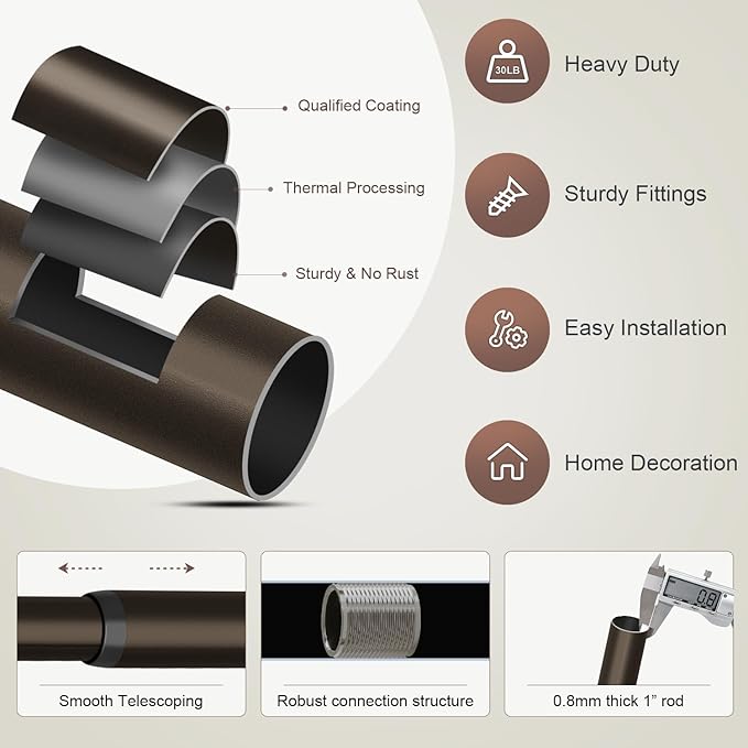 2 Pack Modern Antique Brown Bronze Curtain Rods for Windows 16 to 60 Inches Adjustable Heavy Duty 1" Diameter Window Rod with Decorative Finials for Outdoor Farmhouse Bedroom Kitchen Living Room Rootora