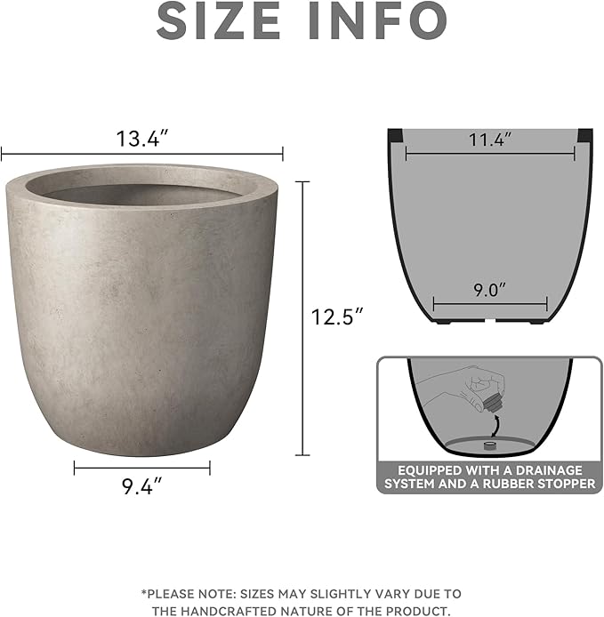 Kante 13.4" Dia Round Concrete Planter, Large Outdoor Modern Indoor Decorative Plant Pots with Drainage Hole and Rubber Plug for Home and Garden, Weathered Concrete Kante