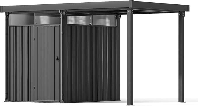 Patiowell 2-in-1 Outdoor Storage Shed, 7' x7' Galvanized Steel Metal Shed with 7' x 7' Porch Pergola Gazebo Outdoor Studio Open-Sided Firewood Shed for Backyard Patio Garden Lawn Patiowell