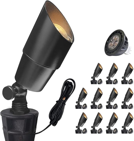 COLOER Brass Low Voltage Landscape Spotlight(Black) 12-Pack with 5W Aluminum Housing MR16 LED Bulb 2700K 450LM CRI85+,12V AC/DC Outdoor Uplighting, Directional Garden Patio Spot Up Light(101B-Black) COLOER