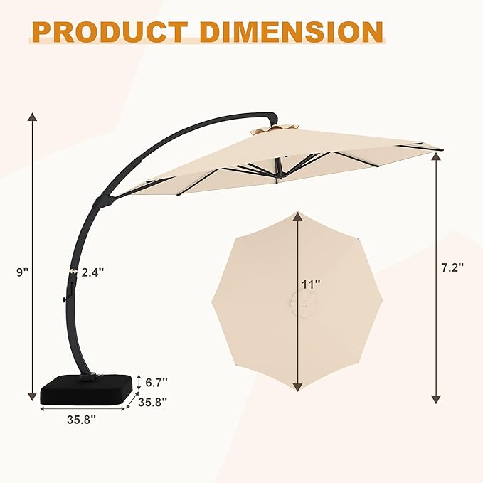 GarveeLife 11FT Cantilever Patio Umbrella With Base Included, Cantilevers Outdoor Umbrella Heavy Duty Offset, Aluminium Curved Cantilever Umbrella GarveeLife