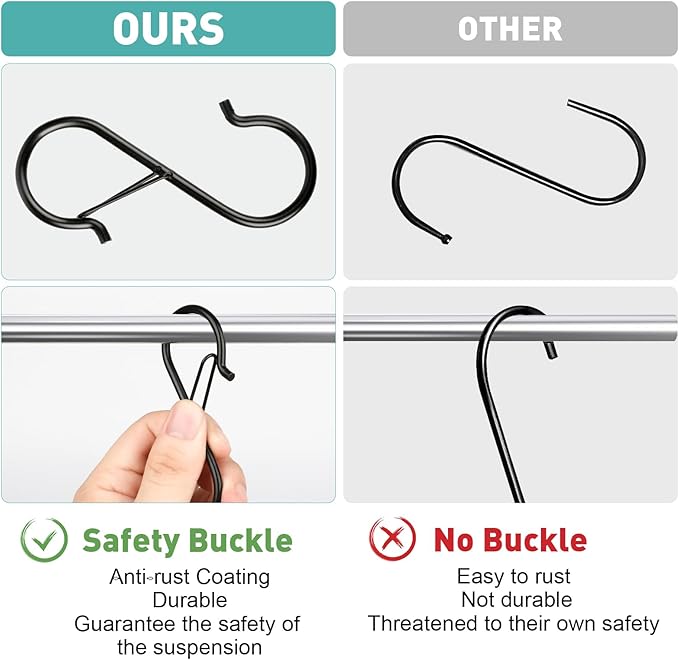 12 Pcs S Hooks for Hanging Heavy Duty, 3.5-inch Heavy Duty Metal S Hook with Safety Buckle, Suitable for 0.5 inch Rods, S Hook for Hanging Plants, Closet, Kitchen Utensil, Pot, Pan, Bags Welcometobuy%EF%BC%81