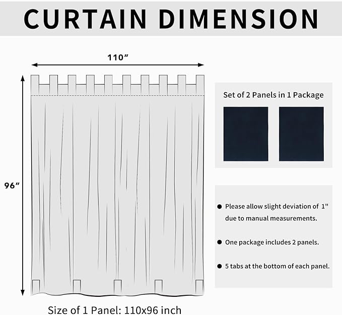 Easy-Going Outdoor Patio Curtains Detachable Tab Top Windproof Weatherproof Curtain for Cabana, Porch, Pergola and Gazebo, Tab Bottom Drape, 2 Panels, 110W x 96L inch, Navy Easy-Going