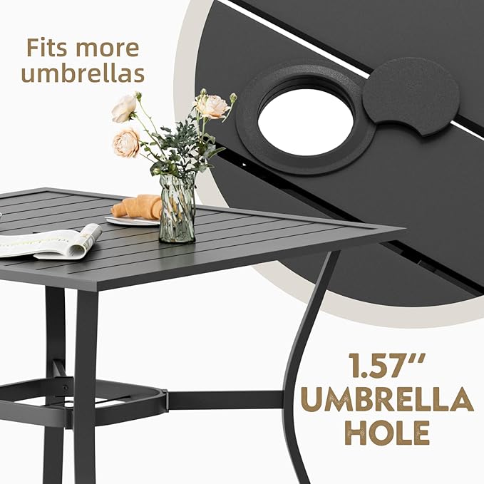 MELLCOM 37''x37'' Outdoor Dining Table for 4, E-Coating Metal Patio Dining Table with 1.57'' Umbrella Hole, All-Weather Black Square Table for Porch, Garden, Backyard, Poolside MELLCOM