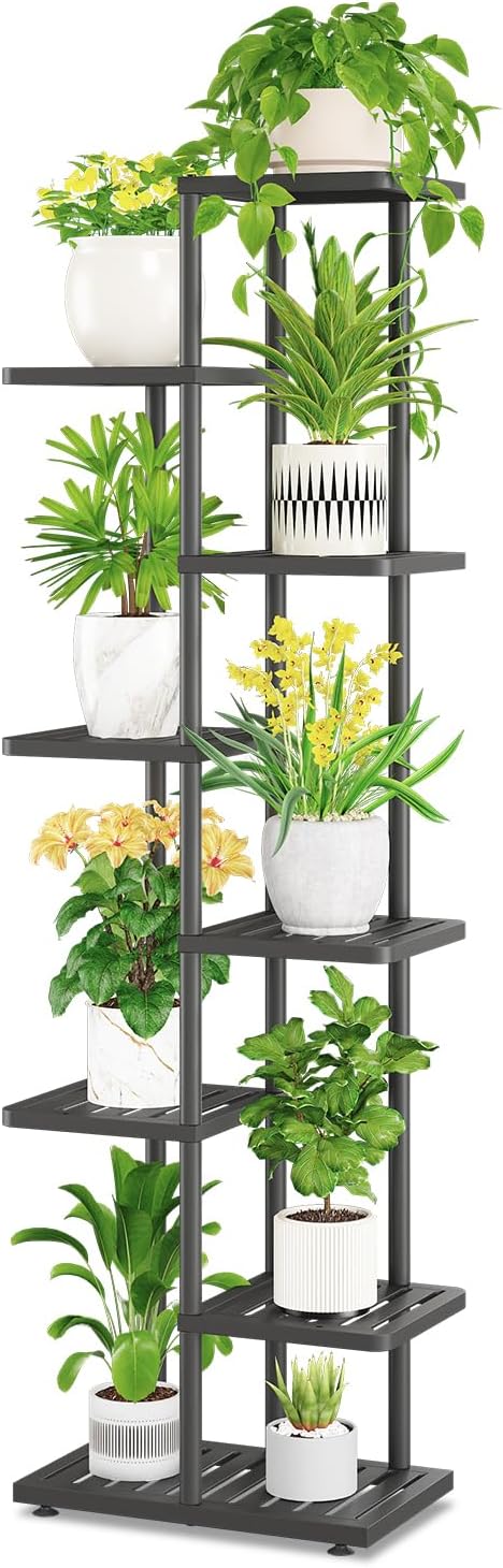 iDavosic.ly Plant Stand Indoor Outdoor, 7-Tier Tall Metal Flower Shelf for Heavy-Duty Large Planters, Corner Orchid Display Rack for Living Room Balcony Patio Porch, Space Saving, Modern Black iDavosicly