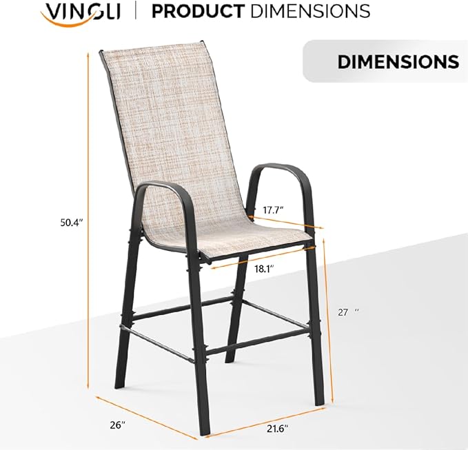 VINGLI Outdoor Bar Chairs Set of 8 – Stackable Outdoor Bar Stools with Sturdy Sling High Back and Armrests for Lawn, Courtyard, Garden, Bar, Yellow VINGLI