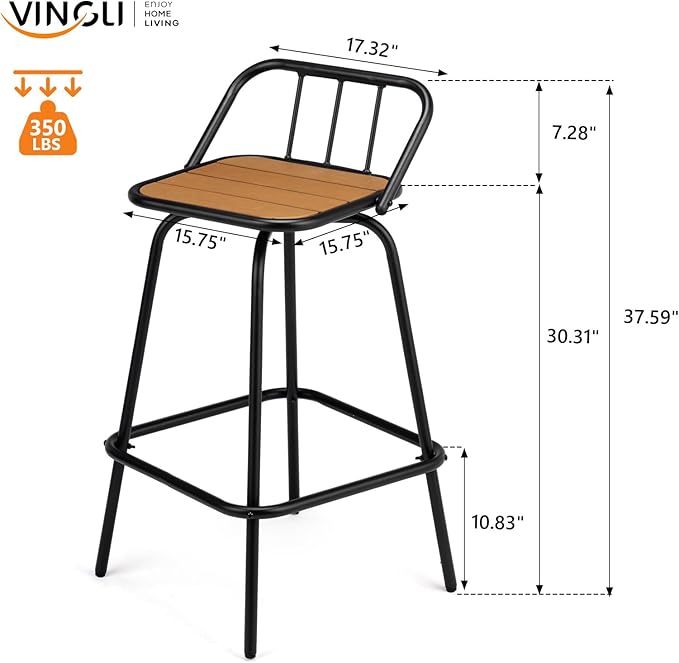 VINGLI 2 PCS Outdoor Swivel Bar Stools, 30 Inch Metal Barstools with Backrest & Footrest, 360° Rotating All-Weather Stools for Garden, Balcony, Kitchen Island (Teak) VINGLI