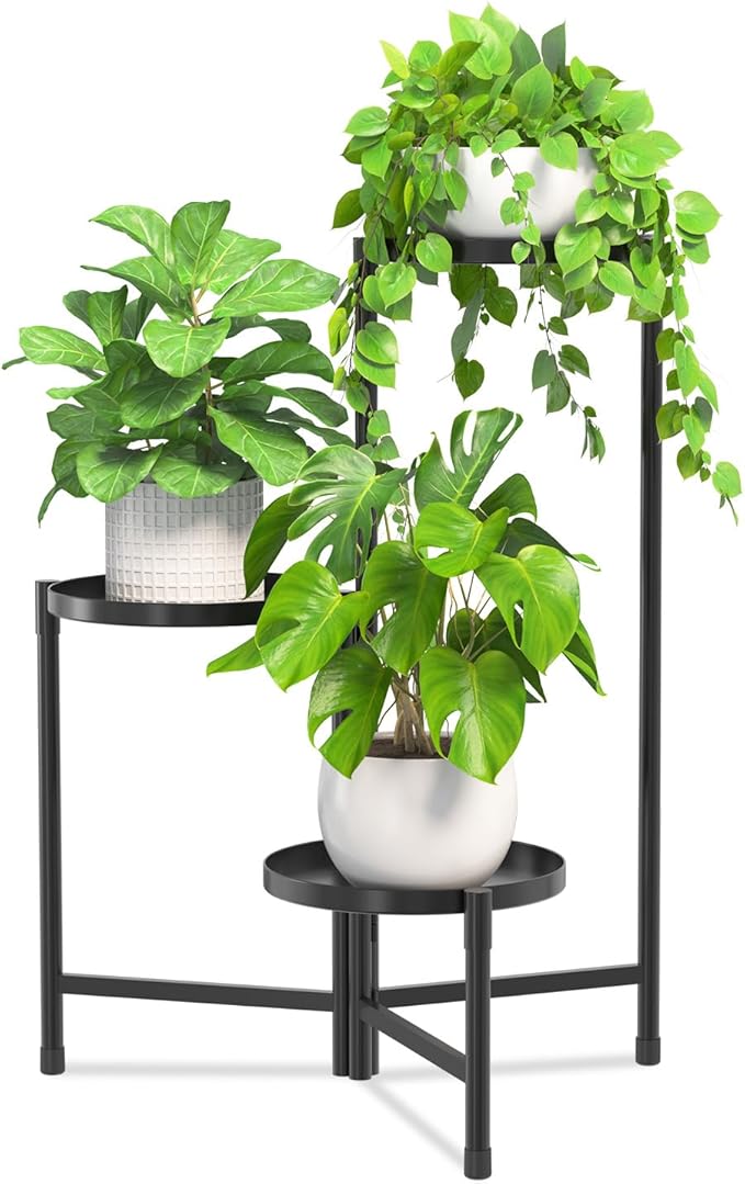 iDavosic.ly 3 Tier Large Plant Stand Indoor with 10 Inch Wide Tray, Tiered Corner Metal Outdoor Flower Display Holder Shelf, Folding Tall Rack for Patio Porch Living Room, Modern Black iDavosicly