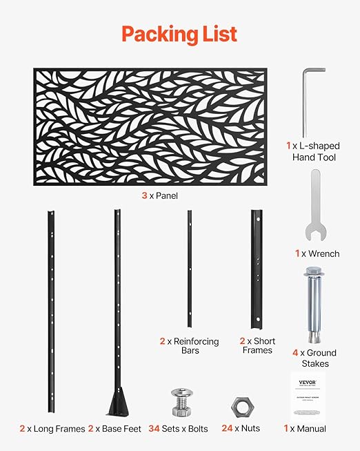 VEVOR Metal Privacy Screen, 47" W x 72" H, Outdoor Privacy Screens & Panels, Freestanding Outdoor Divider with Stand, 3-Panel Decorative Garden Steel Privacy Fence for Balcony Patio Indoor Room Black VEVOR