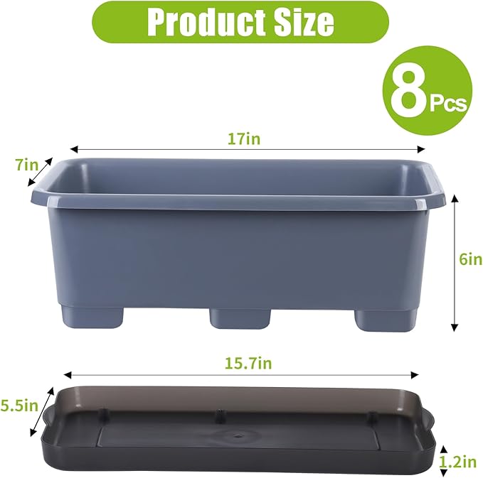 Window Box Planter 8 Pcs, 17 Inches Rectangle Flower Pots with Drainage Holes and Trays, Vegetable Planters for Windowsill Patio Garden Balcony Home Porch Yard Indoor Outdoor (Grey) Oliz