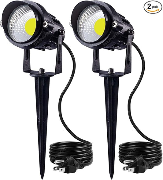 SUNVIE Outdoor Landscape LED Lighting 12W Waterproof Graden Lights COB Led Spotlights with Spiked Stand for Lawn Decorative Lamp US 3- Plug 6500K Daylight White (2 Packs) SUNVIE