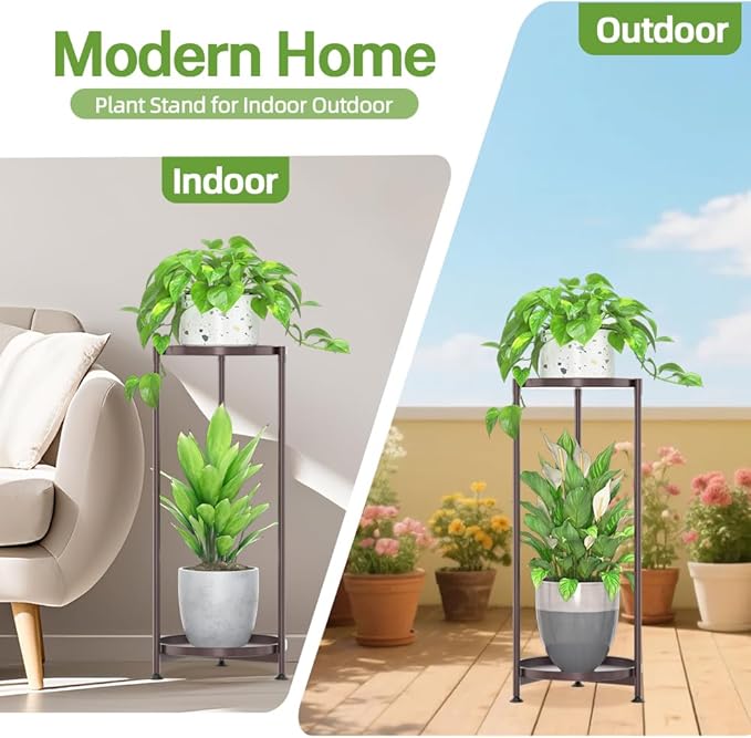 iDavosic.ly 2 Tier Corner Plant Stand Indoor, Tall Vertical Metal Flower Heavy Duty Pot Holder Shelf Outdoor for Patio Porch Living Room, Bronze - Round iDavosicly