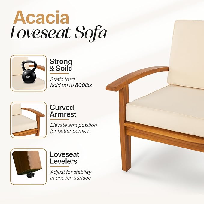 Idzo Laurent 800lbs Capacity Acacia Outdoor Loveseat, FSC Certified 2 Seater Patio Sofa with 3.9in Thick Cushions, Teak Finish Porch Couch for Garden Backyard Idzo