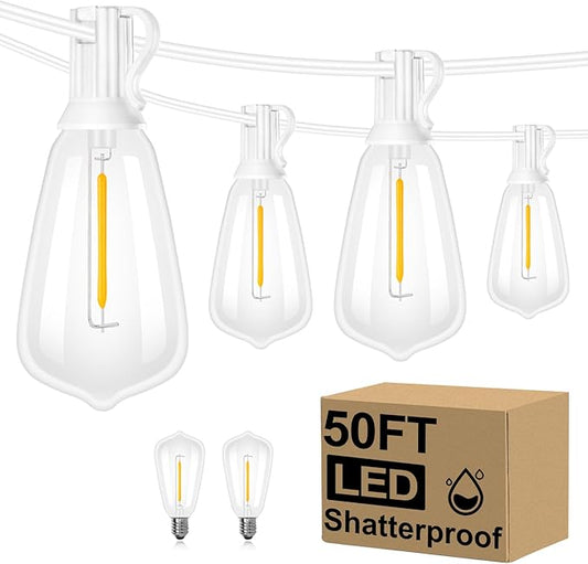 Brightever 50FT Outdoor String Lights Weatherproof, Patio Lights with 25+2 ST38 Edison Shatterproof Bulbs, Commercial Grade Warm White LED String Lights Decorative for Christmas, Wedding, Party, White Brightever