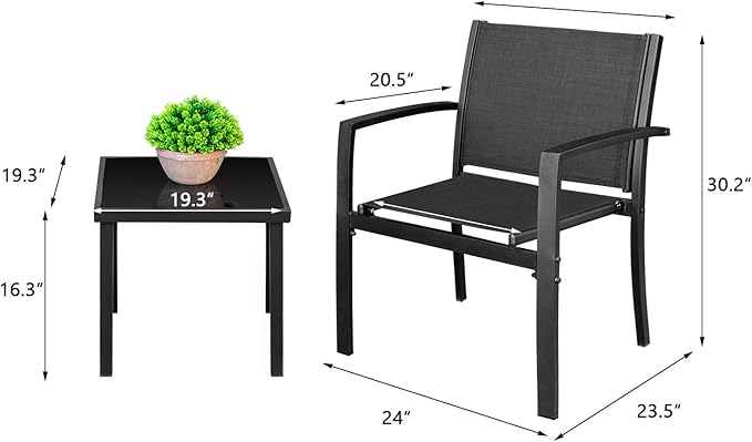 Homall 3 Pieces Patio Furniture Set Outdoor Patio Conversation Textilene Bistro Set Modern Porch Lawn Chairs with Coffee Table for Home and Balcony (Black) Homall