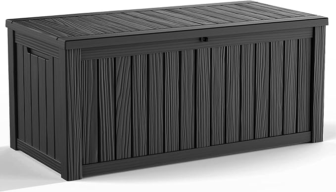 150 Gallon Outdoor Storage Box, Weather Resistant & Waterproof Resin Deck Box with UV Protection, Rattan Black Patio Storage Cabinet for Garden, Patio, Porch, Poolside(Black) KFY