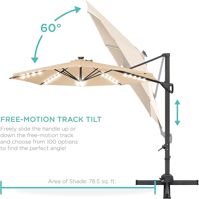 Best Choice Products 10ft Solar LED Cantilever Patio Umbrella, 360-Degree Rotation Hanging Offset Market Outdoor Sun Shade for Backyard, Deck, Poolside w/Lights, Easy Tilt, Cross Base BestChoiceProducts