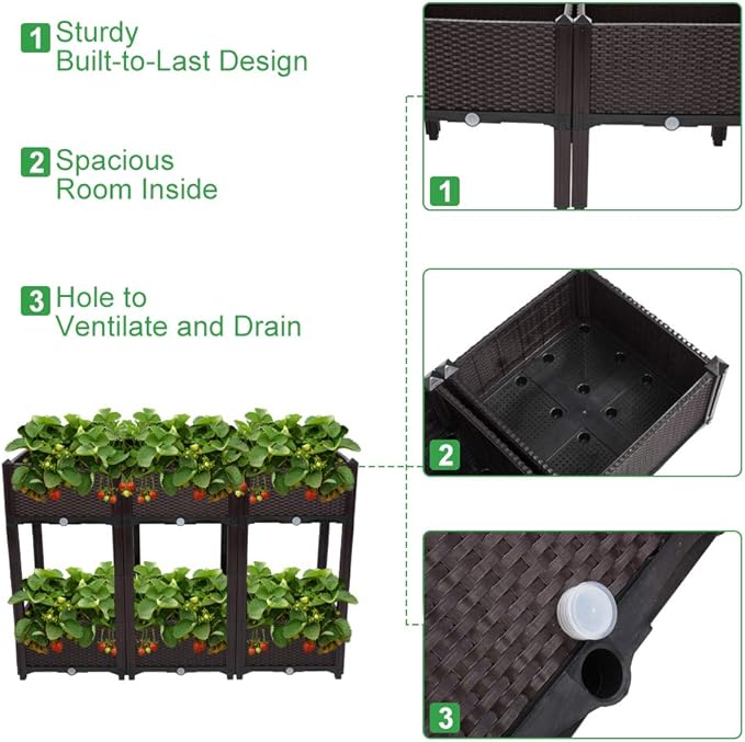 VINGLI Square Raised Garden Bed, Self-Watering Plastic Planter for Indoor Outdoor Vegetables, Fruits, Potato, Flowers, All Weather (6 Pcs) VINGLI