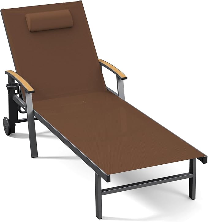 Ciokea Outdoor Lounge Chair with Pillow, 5-Position Aluminum Chaise Lounge with Wheels & Armrests, 400 lbs Heavy Duty Patio Pool Chair for Deck, Backyard, Beach & Poolside, Brown CIOKEA