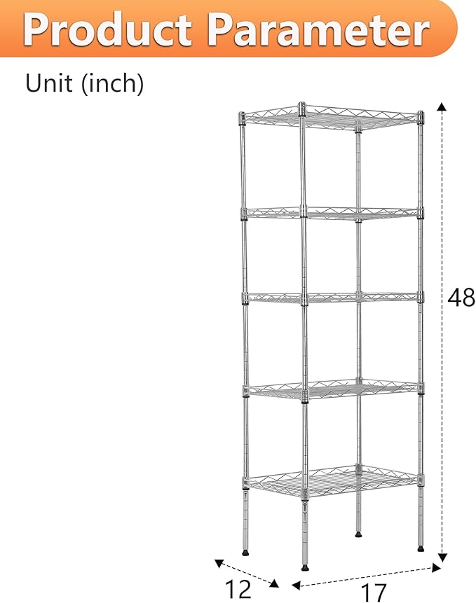 BestOffice | 5-Tier Wire Storage Shelves | 17x12x48 | Chrome | with Adjustable Racks | Heavy-Duty Metal Shelf, Holds Upto 750 lbs | No-Tool Assembly | Ideal for Home & Garage Shelving BestOffice