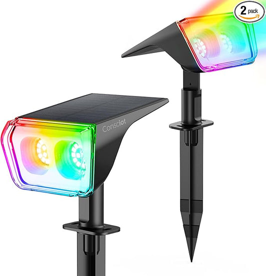 Consciot Solar Spot Lights Outdoor, 30 LEDs Waterproof Color Changing Solar Lights, 2 in 1 Adjustable Wall Lights, 10 Colors, D2D Modes Solar Landscape Spotlights for Garden Yard Walkway, 2 Pack Consciot