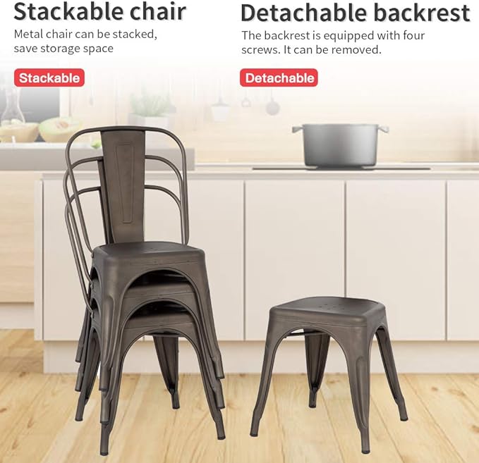 FDW | Set of 4 Metal Dining Chairs | Bronze | Stackable Tolix Side Chairs with Backrest | Scratch-Resistant | Non-Slip Feet | Indoor/Outdoor Use | 330 lbs Capacity | Ideal for Kitchen & Restaurant FDW