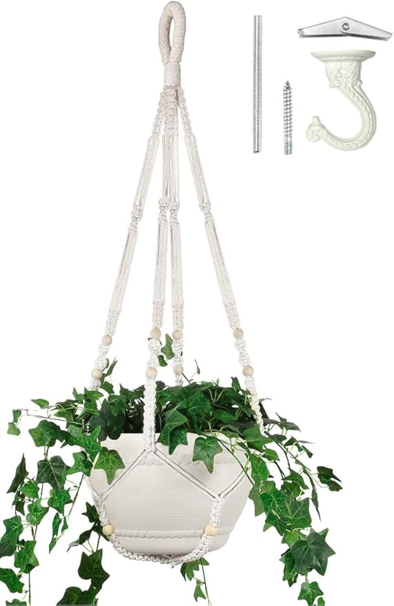 43 Inches Macrame Planter Hanger Large for 12 inch Pot + Swag Hook (Extra Long & Big) | Large Hanging Planter for Indoor Plants | No Tassel, Cotton Rope, NO Pot/Plant Included (Beige)(XL) Shineloha