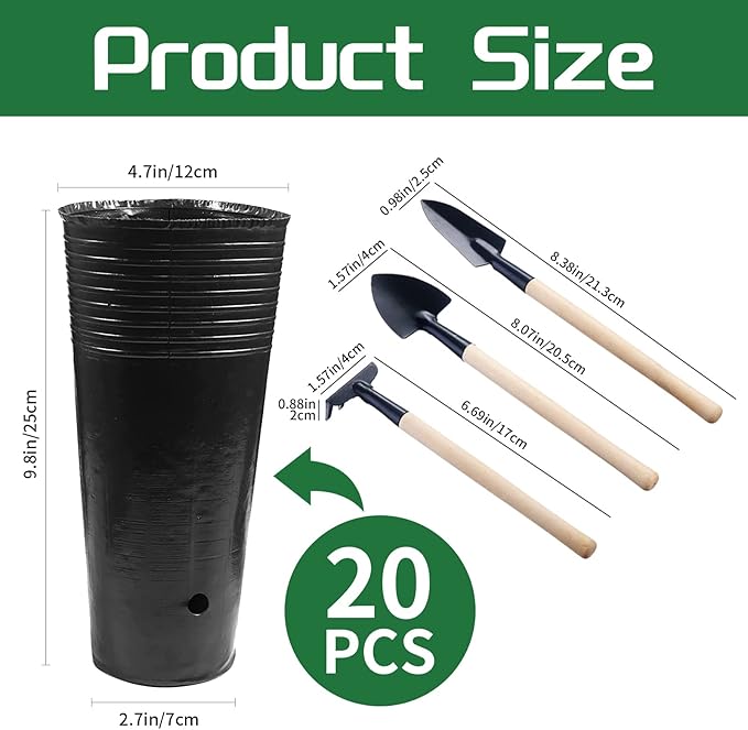 20 Pcs Plastic Deep Nursery Pots - 9.8" Tall Tree Pots, Indoor/Outdoor Use with 3 Pcs Garden Tools Hzloyat