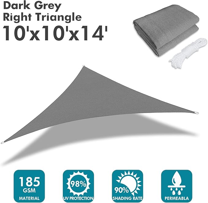 KANAGAWA Sun Shade Sail 10'x10'x14' Dark Gray Triangle UV Block Canopy Awning Shelter Fabric Cloth Screen for Outdoor Patio Garden Backyard KANAGAWA