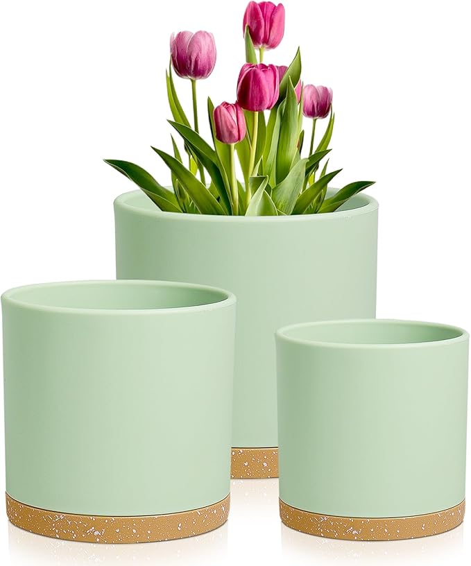8/7/6 inch Plant Pots, 3 Pack Cylinder Flower Pots for Outdoor Indoor Plants, Decorative Plastic Planters with Drainage Holes and Saucers for Garden House Plants, Green with Brown Meowell