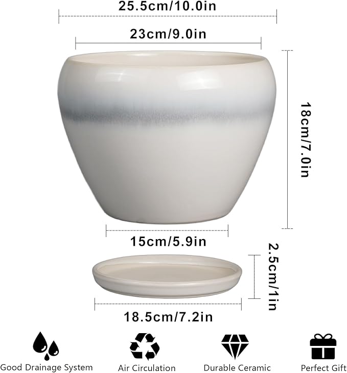 10 Inch Ceramic Planter Pot - Large Plant Pot with Drainage Hole and Saucer Round Flower Pot for Indoor Plants, White Ceramicfor