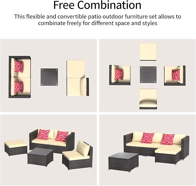 Aiho Patio Furniture Set All Weather Outdoor Sectional Patio Sofa Set with Tempered Coffee Table, for Backyard Porch, Beige AIHO