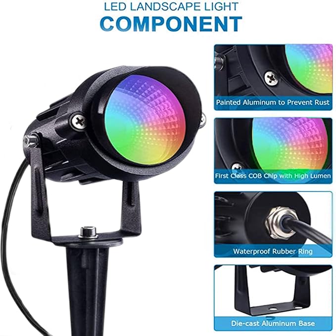 Color Changing Spotlight with Timer, 12W RGB Color Changing Spot Lights, LED IP65 Landscape Waterproof Outdoor Lights, Metal Case Spiked Stand for Garden Houses Trees Decorative(2 Pack) kooplicht