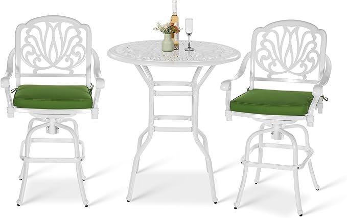 VIVIJASON 3-Piece Patio Swivel Bar Stools Set, All Weather Cast Aluminum Outdoor Bar Height Bistro Set with 2 Cushioned Bar Chairs & 35.4" High Bar Table w/Umbrella Hole for Backyard, Lawn, White VIVIJASON